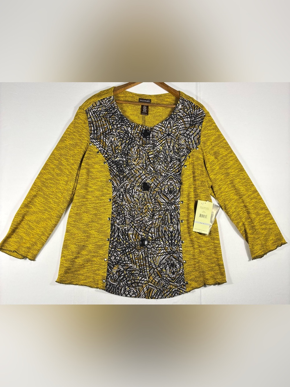 Multiples Women’s 1X Yellow Pattern-Panel Studded Scoop Neck Long Sleeve Top